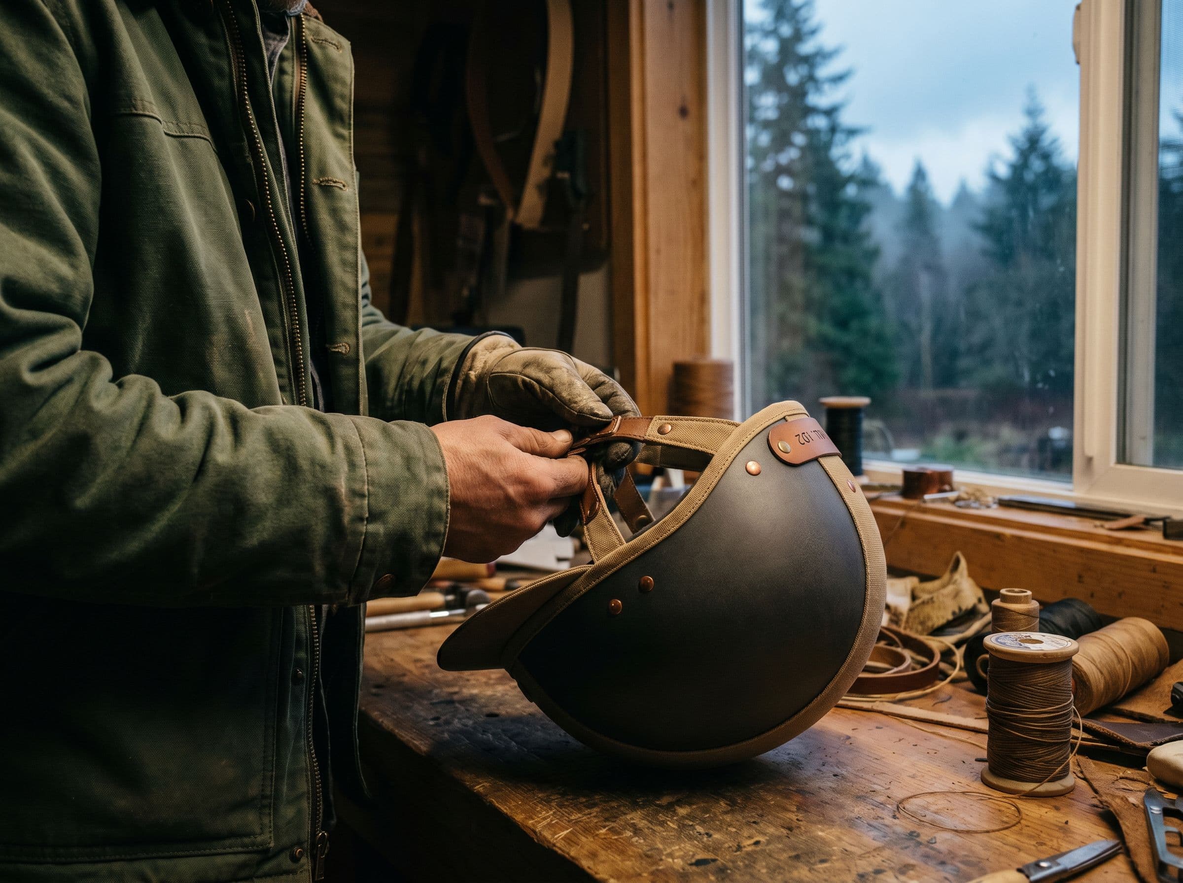 Mains d'artisan façonnant les détails cuir d'un casque équestre dans l'atelier