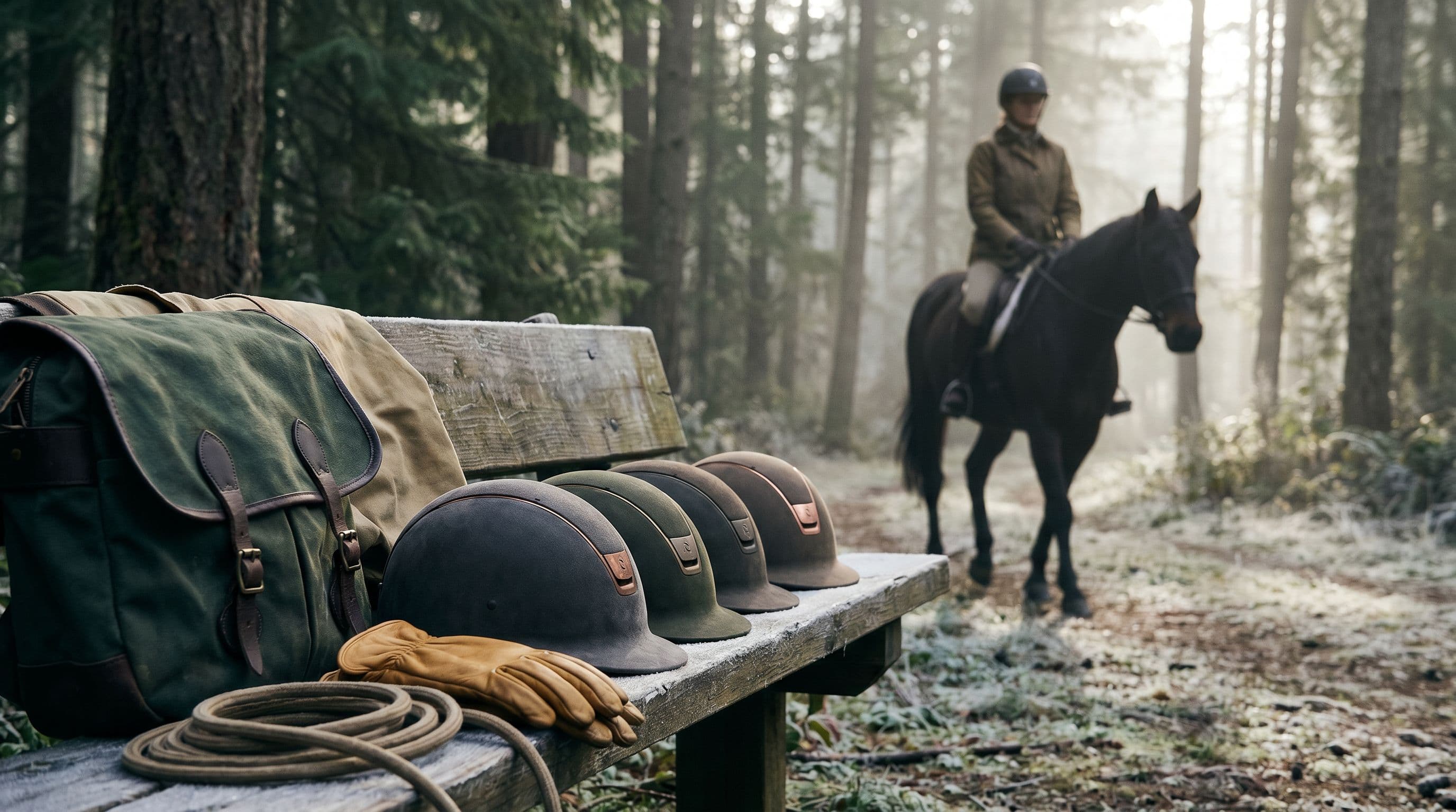 Cavalière sur sentier sous-bois en lumière dorée — heritage workwear